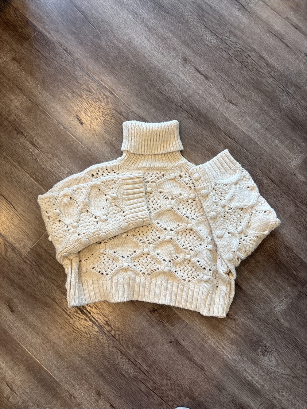 Zara Cream Open-Knit Cropped Turtleneck Sweater